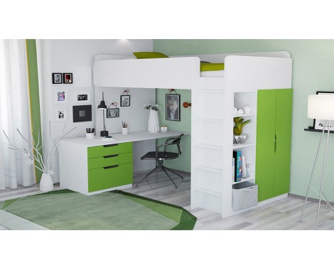  Кровать-чердак с письменным столом и шкафом Polini kids Simple белый-лайм