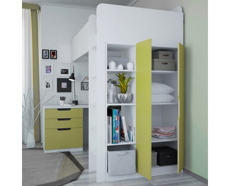  Кровать-чердак с письменным столом и шкафом Polini kids Simple белый-зеленый