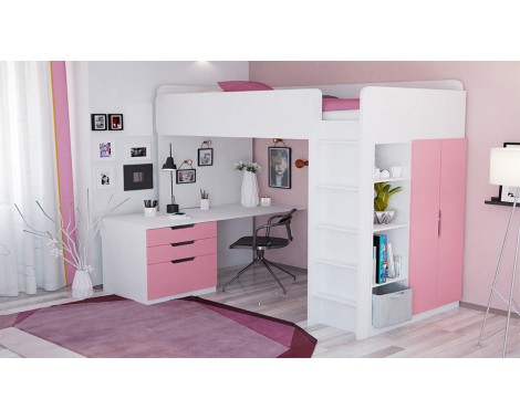  Кровать-чердак с письменным столом и шкафом Polini kids Simple роза