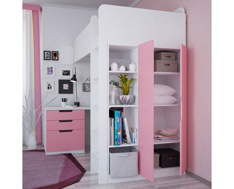  Кровать-чердак с письменным столом и шкафом Polini kids Simple роза