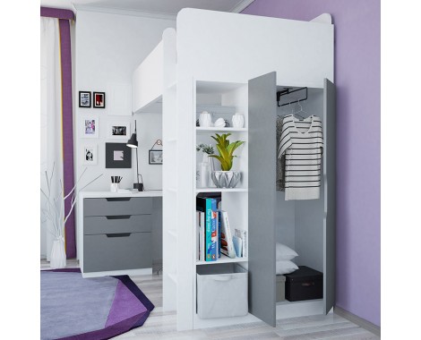  Кровать-чердак с письменным столом и шкафом Polini kids Simple серый