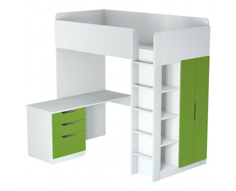  Кровать-чердак с письменным столом и шкафом Polini kids Simple белый-лайм