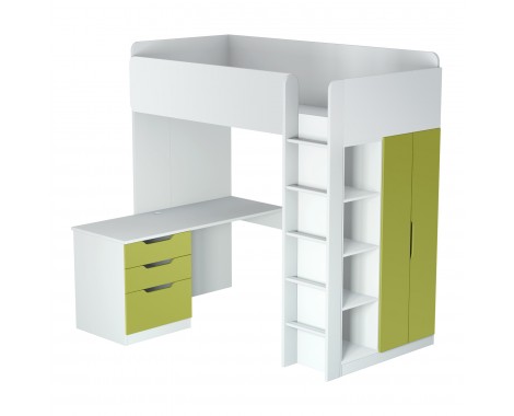  Кровать-чердак с письменным столом и шкафом Polini kids Simple белый-зеленый